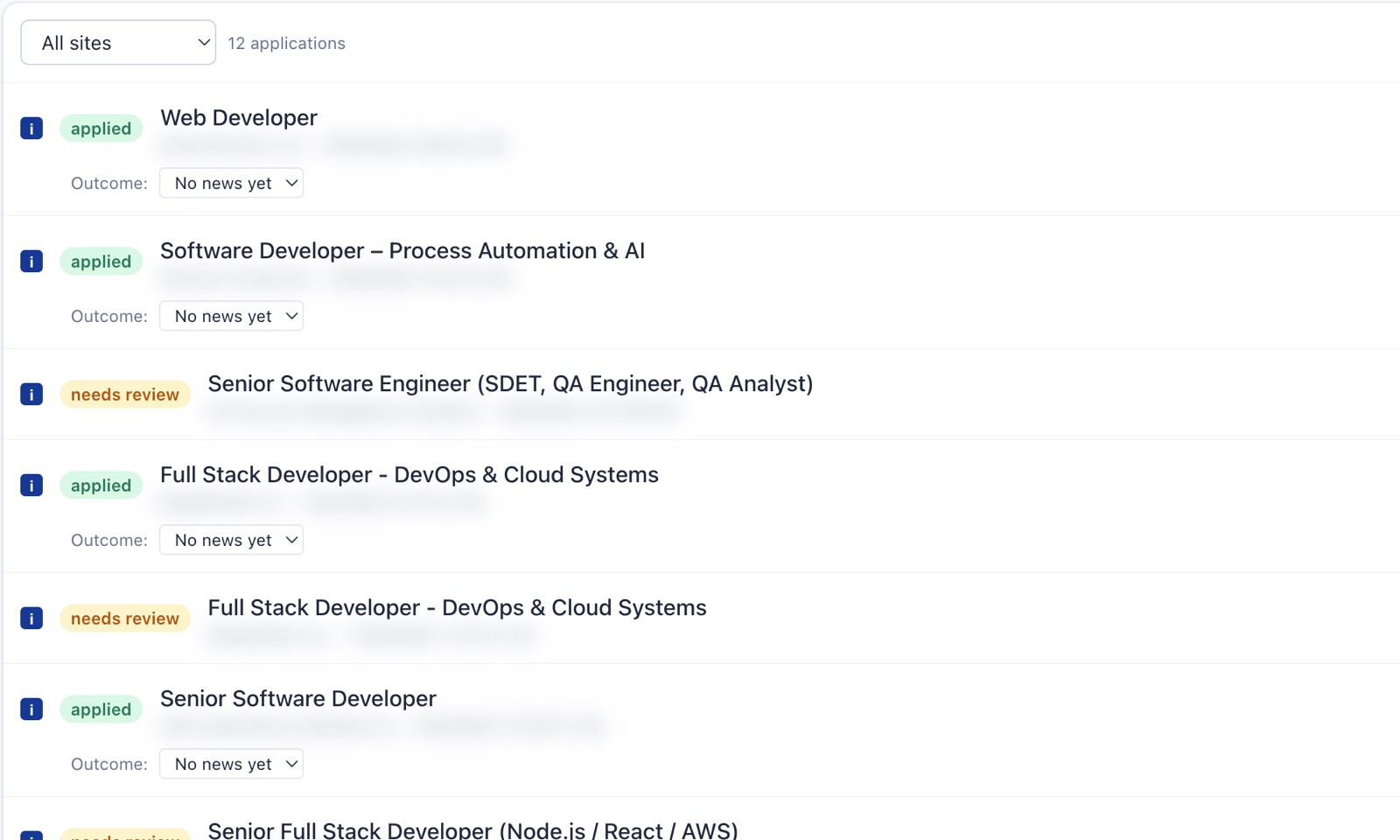 The applications list: applied and needs-review entries with an outcome picker for each.
