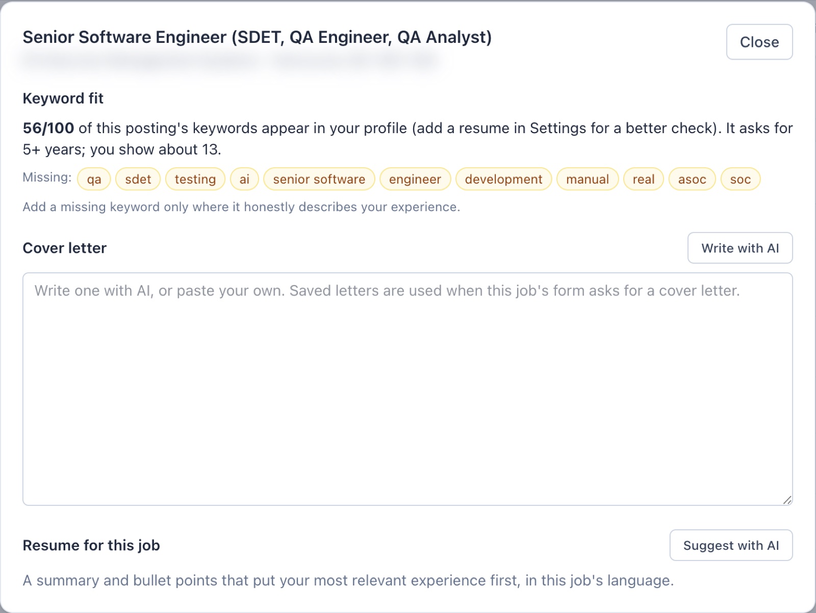 The tailor panel for one job: keyword fit of 56 out of 100 with missing keywords, a cover letter box and a resume suggestion.