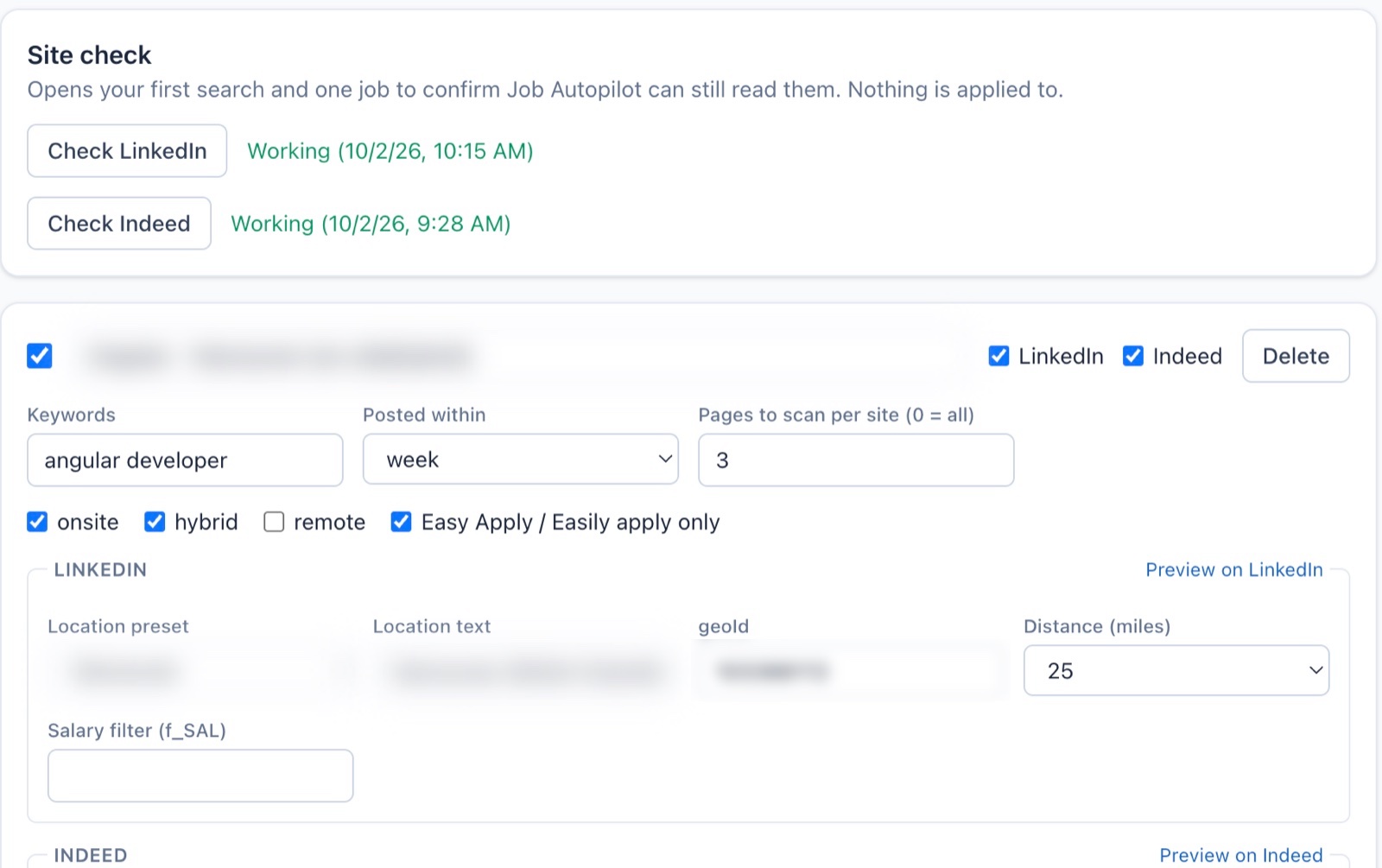 Search settings with keywords, posted-within, LinkedIn and Indeed location options, and a site check that reports both sites working.